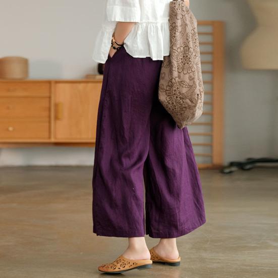 Women Summer Spring Pants Wide Leg Oversized Straight Solid Color Elastic Waist Match Top Pockets Deep Crotch Lady Ninth Pants Lady Garment