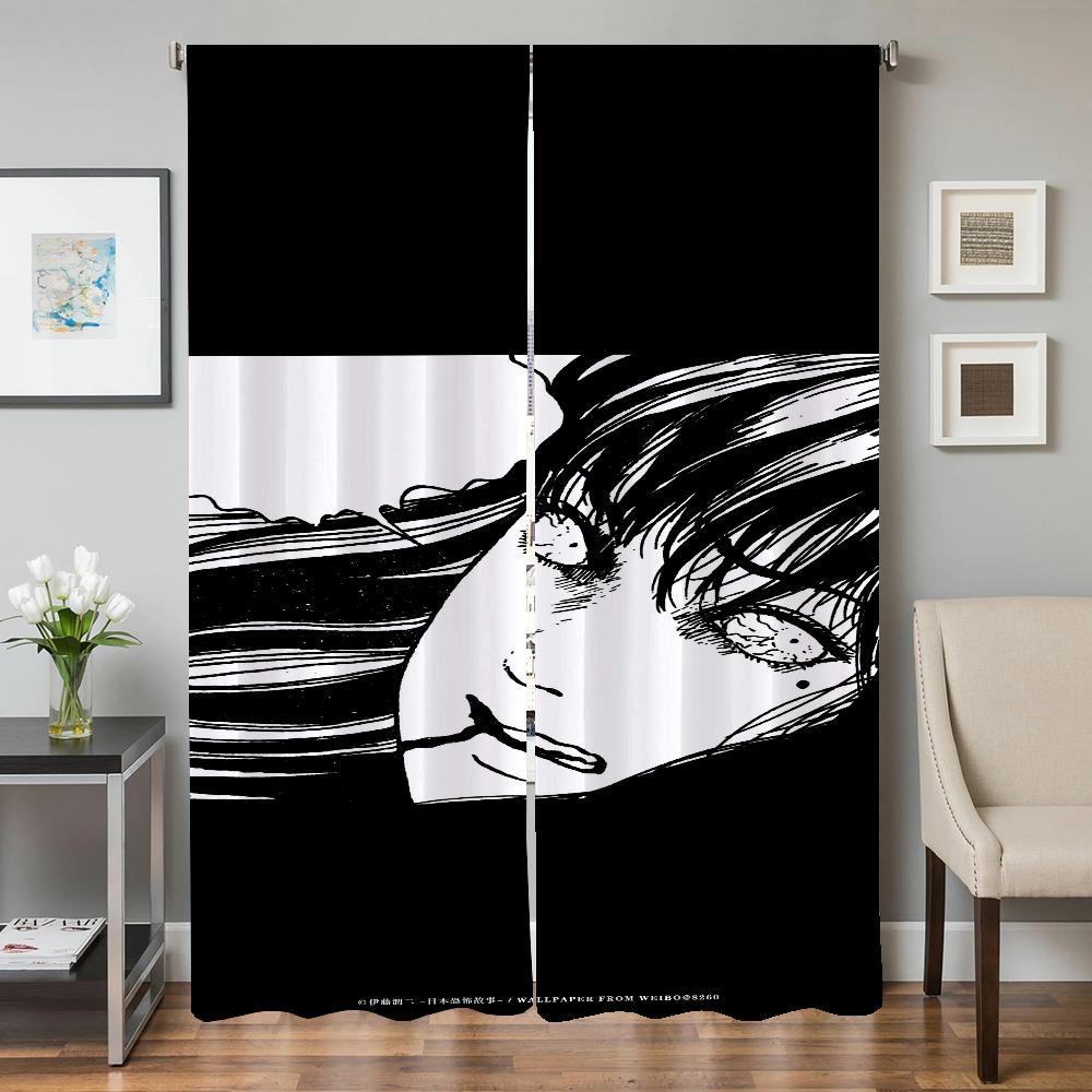 Home Interior Kitchen Curtains for Living Room 2 Pieces Blackout Curtains Door Curtain Junji Ito Bedroom Decoration Partition