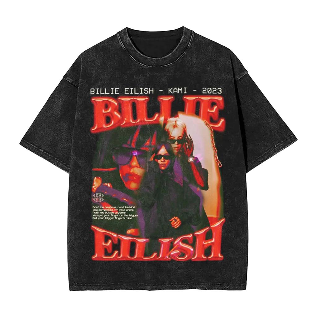2026 Billie Eilish Funny Poster Graphic Print T-shirt Men Women Fashion Vintage Washed Cotton O-neck Summer Tee Oversized Casual Short Sleeve Top