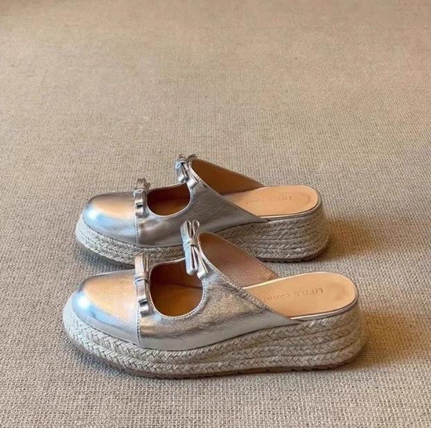 

Fisherman shoes hemp rope wedge heel single shoes women s shallow mouth round head shoes thick sole waterproof table straw sandals women s shoes 40 срібний