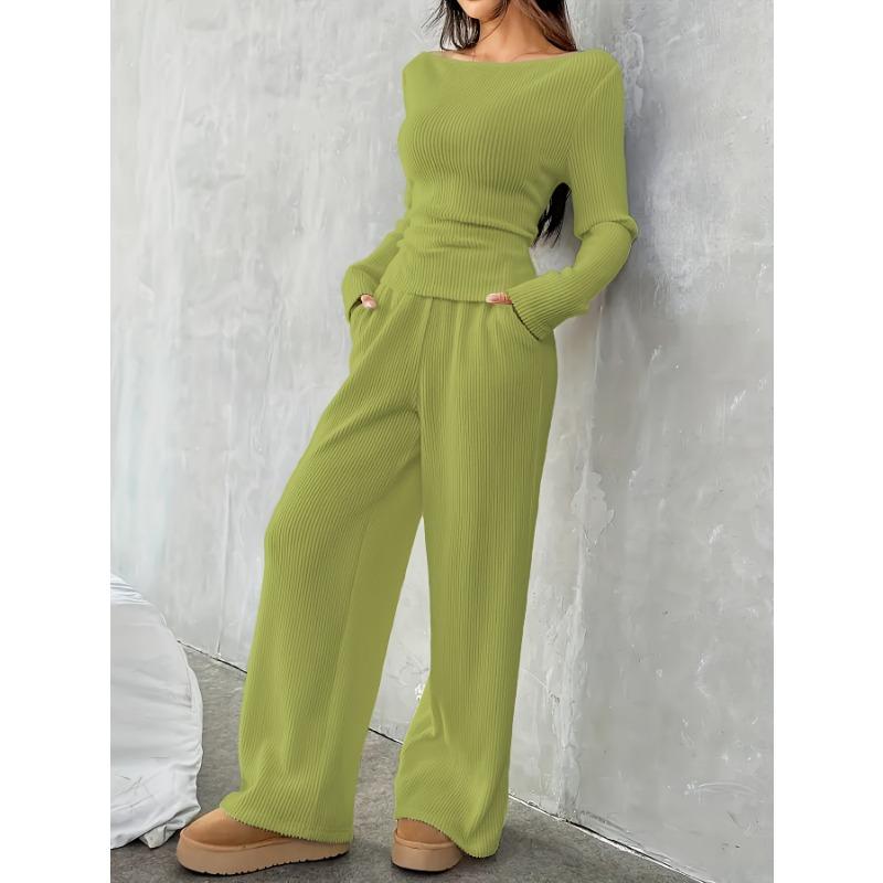 Women S French Style Slim Fit Long Sleeve Top And Wide Leg Pants Set