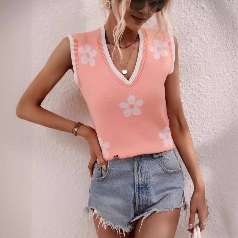 Women's printed V-neck sleeveless knitted floral pullover sweater