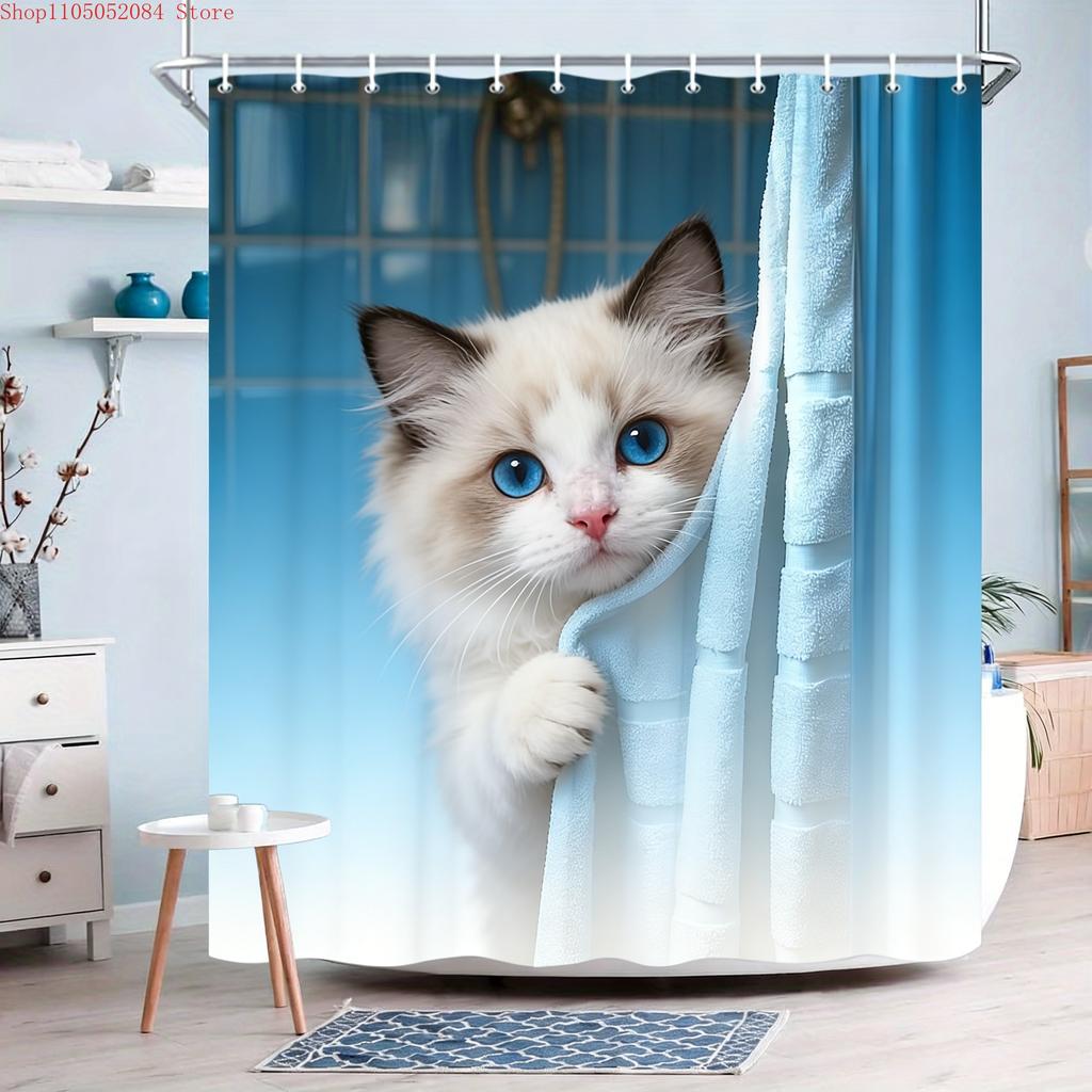 Cute Ragdoll Cat Peeking from Towel Blue Gradient Waterproof Shower Curtain