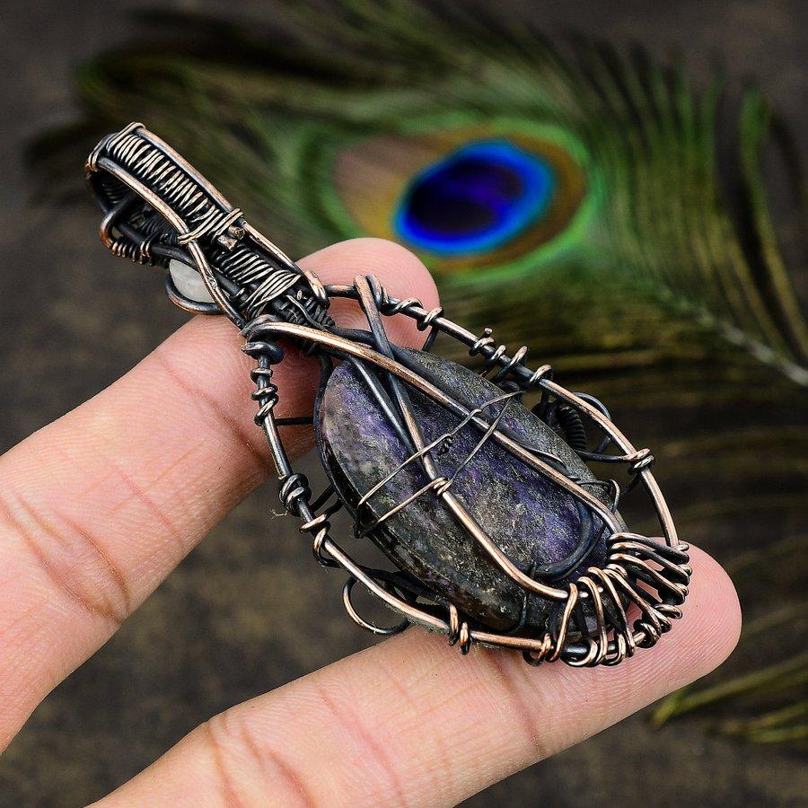 Russian Charoite, Moonstone Gemstone Copper Wire Wrap Jewelry Pendant 3.15"