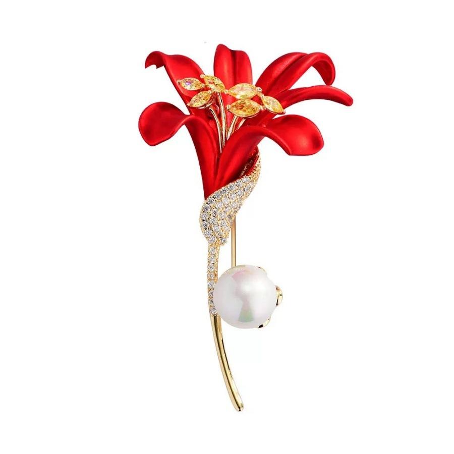 New trendy red lily flower brooch luxury high-end brooch jacket suit high-end pin accessories