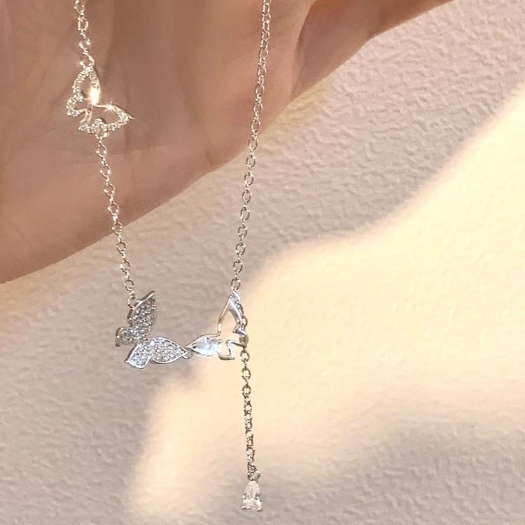 S925 Sterling Silver Diamond Butterfly Tassel Necklace Women's Cold Wind Fashionable Luxury Niche Collarbone Chain Accessories