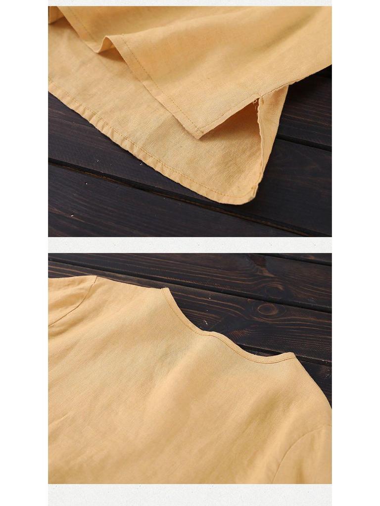 Damska letnia bawełniano-lniana koszulka z haftem w stylu etnicznym, z okrągłym dekoltem, krótkim rękawem, luźnym krojem