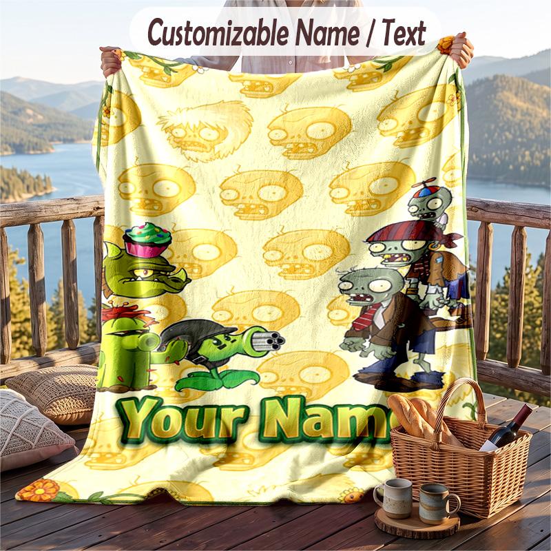 Plants vs. Zombies Flannel Blanket, Personalized Custom Name Text, Soft Warm Plush Throw Blanket For Gift