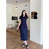 Women's Embroidered Polo Collar Short-Sleeved T-Shirt Dress - Waist-Cinching Slim Summer Long Skirt, Academy Style.