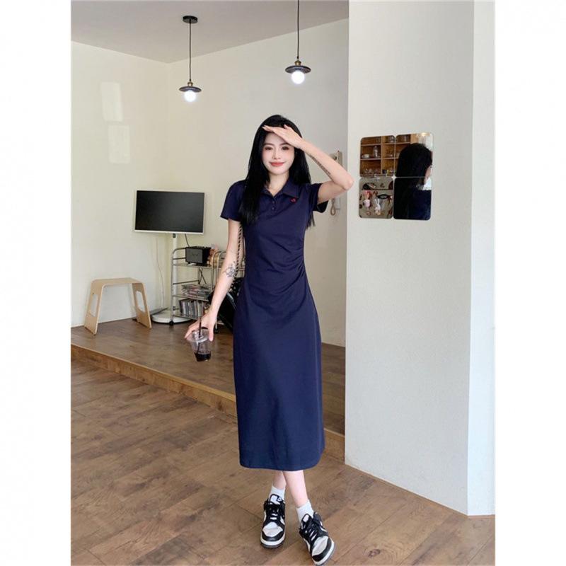 Women's Embroidered Polo Collar Short-Sleeved T-Shirt Dress - Waist-Cinching Slim Summer Long Skirt, Academy Style.