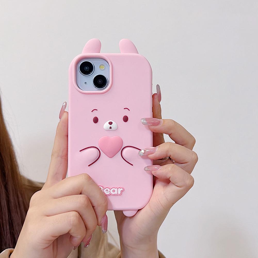 3D Schattige Beer Zachte Siliconen Hoesje Voor iPhone 17 16 15 14 13 mini 12 11 Pro X XS Max XR 7 8 6 6S Plus 5 5S SE Cartoon Achterkant iPhone 14 Pro roze