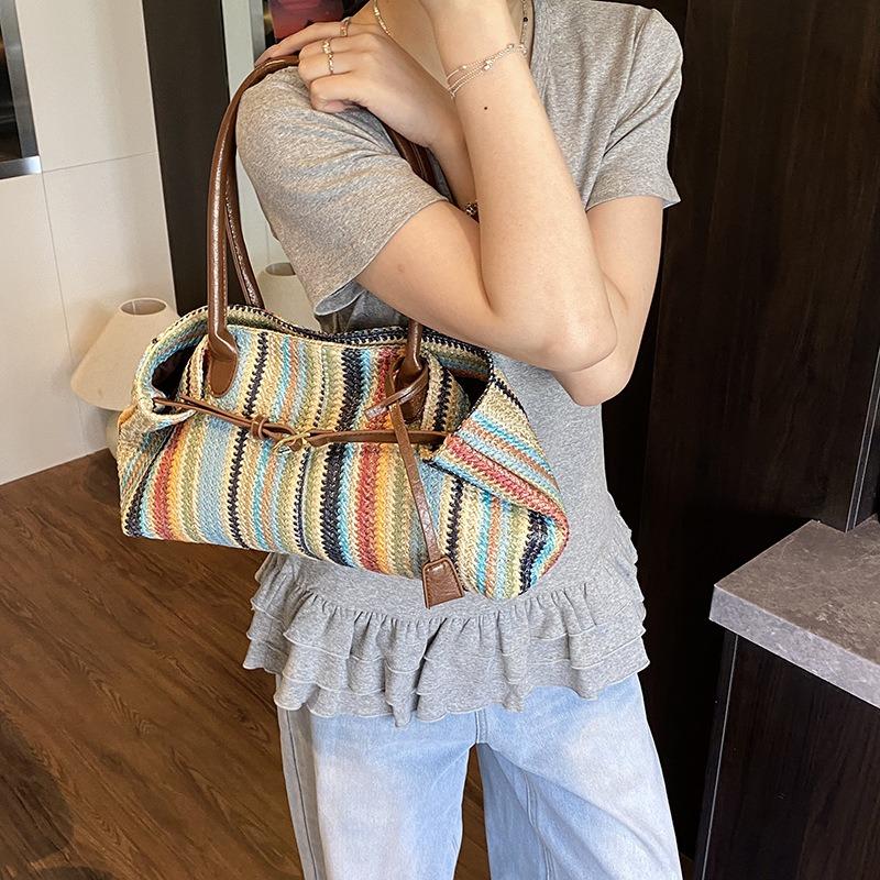 Summer large-capacity rainbow woven tote bag women's new versatile commuter beach bag shoulder bag