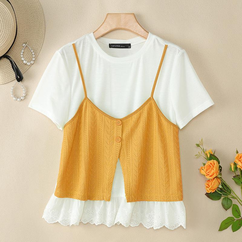 ZANZEA Womens Summer Round Neck Patchwork Short Sleeve T-shirts