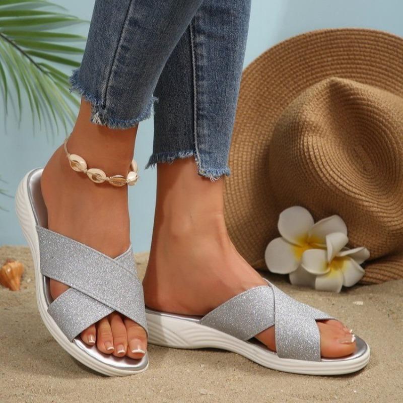 Fashion Platform Wedge Shoes Women's Fashion Round Toe Open Toe Crossover with Sequin Soft Sole Non-Slip Lightweight Low Heel Shoes