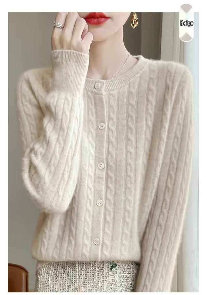 Women's Classic Cable Knit Cardigan: Old Money Style, Solid Color, Long Sleeve, Round Neck