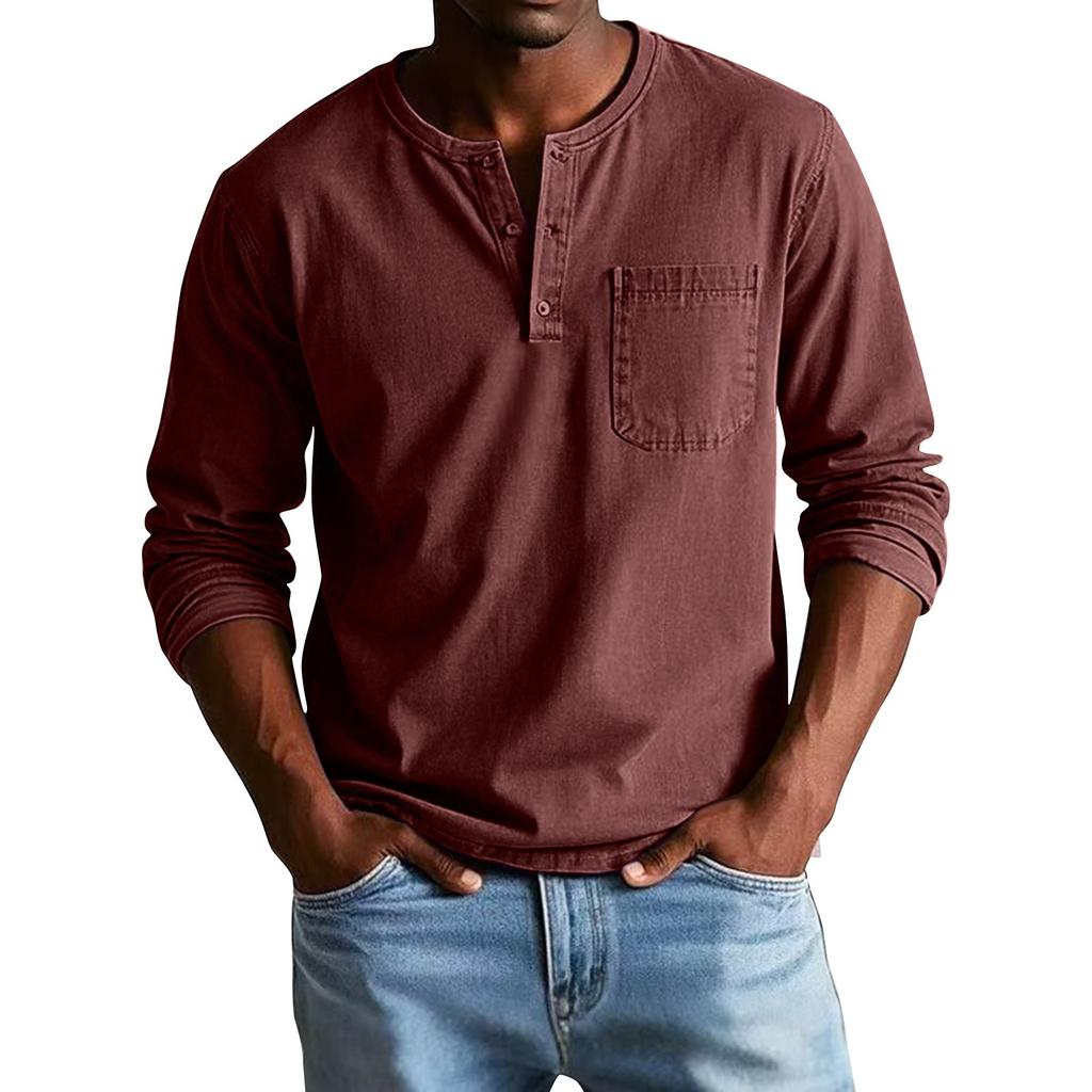 Men's Solid Color Distressed Button Collar Long Sleeve Tops Men's Casual Fashion Tops