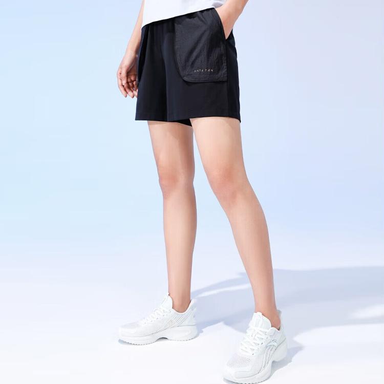Anta Training Series Small Logo Mid Waist Drawstring Straight Casual Shorts Women Shorts Basic-Black 162327337-1
