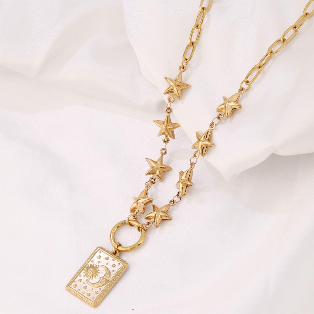 

Stainless Steel Spliced Hollow Stars Chain Necklace For Women Square Card Sun Moon Pendant Necklaces Summer Party Jewelry Gifts