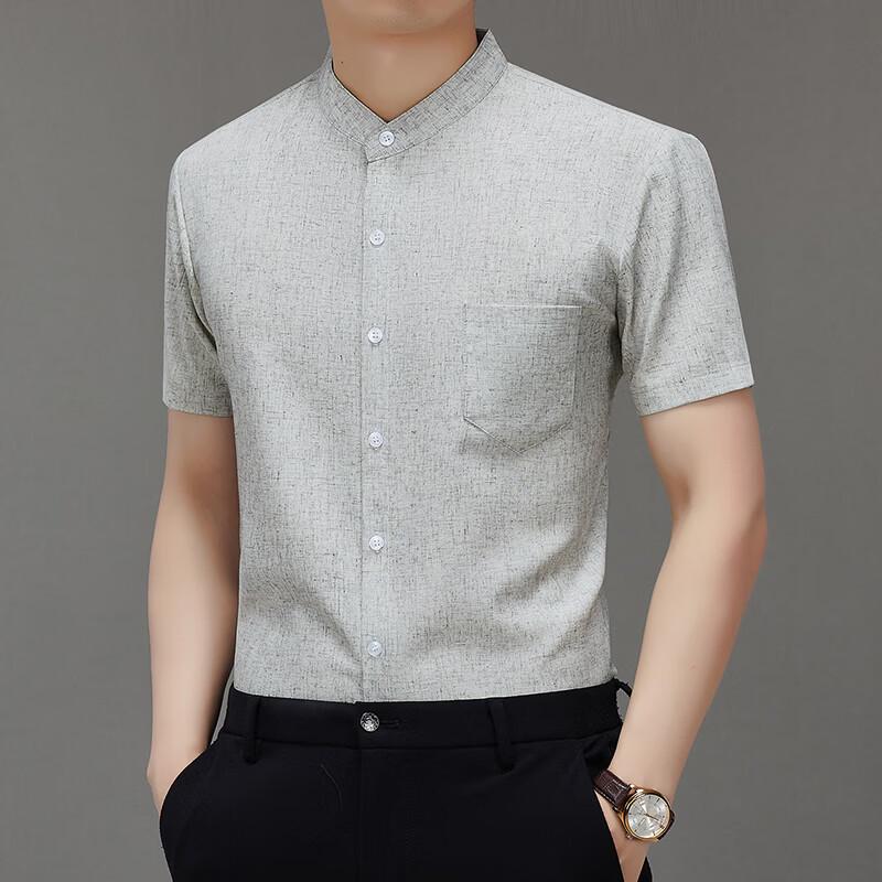 ROMON Men s Casual Linen Blend Stand Collar Short Sleeve Shirt M