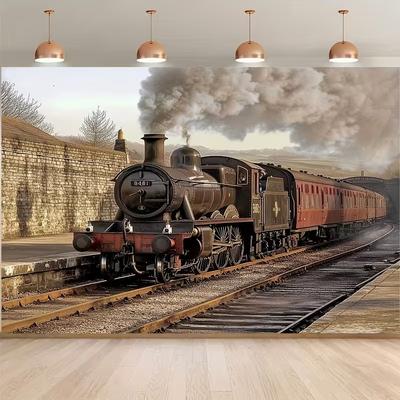 2D Nostalgic Steam Engine Backdrop Vintage Train Station Studio Photography Background