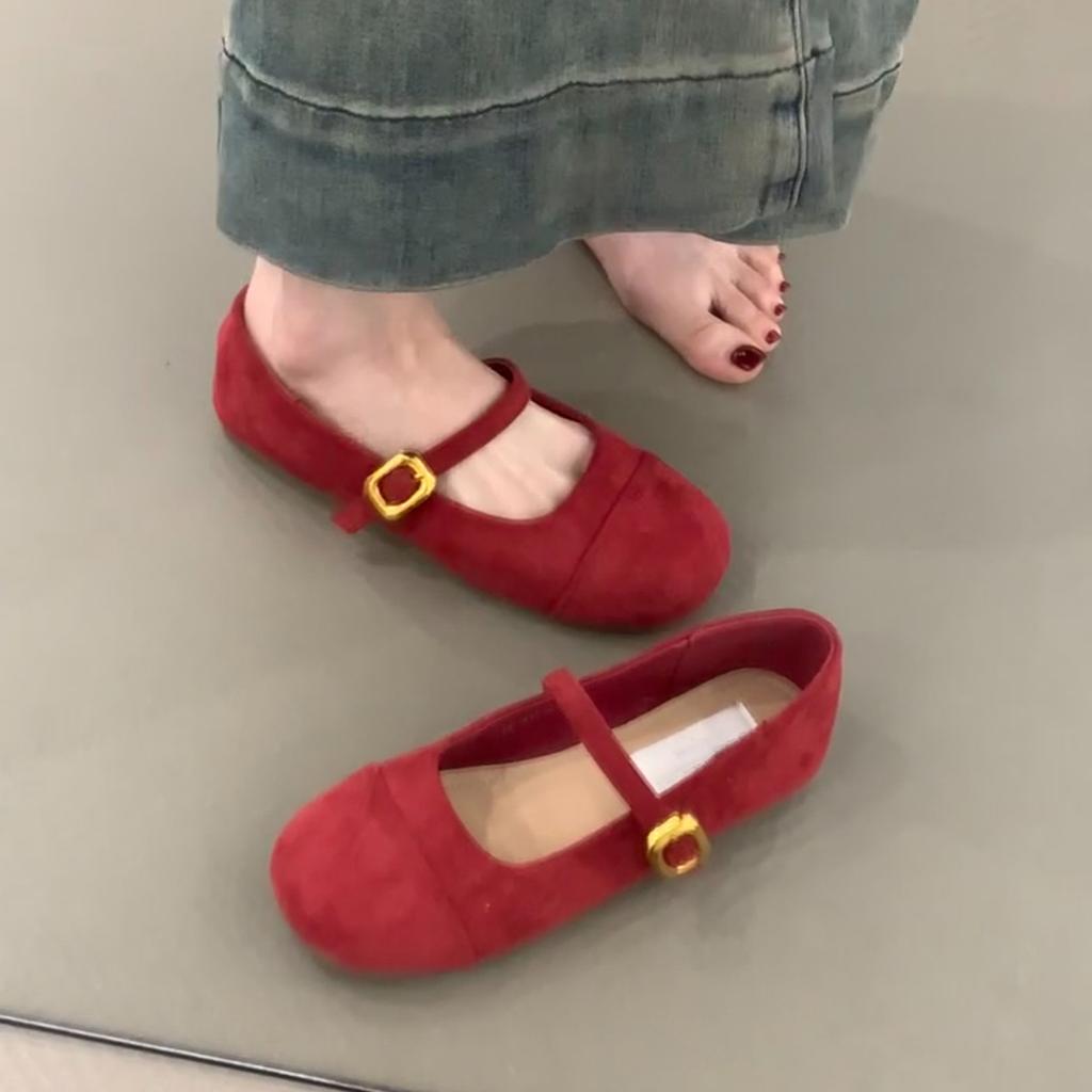 Soft-soled Version~ Retro Simple Style Flat-soled Small Single Shoes Women's Round Head, Shallow Mouth Matte Suede One-word Buckle Mary Jane Shoes