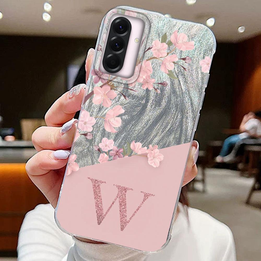 

Чехлы для телефонов с буквами A Z для Samsung Galaxy A56 A36 A16 A54 A34 A24 A14 A15 A25 A35 A55 Обложка Розовые цветы Силиконовый Прозрачный Бампер Samsung A35