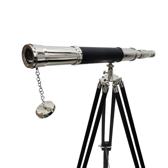 Marine Brass Telescope Single Barrel Wooden Adjustable Tripod Floor Standing Black Leather Chrome Finish Home Office Decor