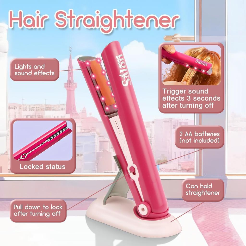 23 Pcs Hair Salon Girls Toys Kids Pretend Play Toys Toddler Dress Up Beauty Salon Set Stylist Kit with Hairdryer Flat Apron Scissors Curling