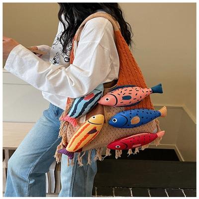 1Pcs Contrasting Cut Out Tote Bag Cute Little Fish Relaxed Knitted Bag Summer  Commuter Versatile Shoulder Bag