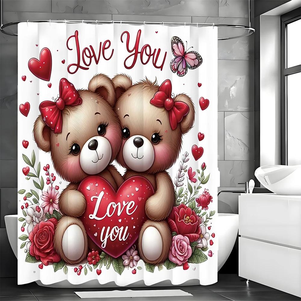 Valentine'S Day Cute Bear Floral Love Shower Curtain, Bathroom Decorative Shower Curtain, Waterproof Shower Curtain With Hooks