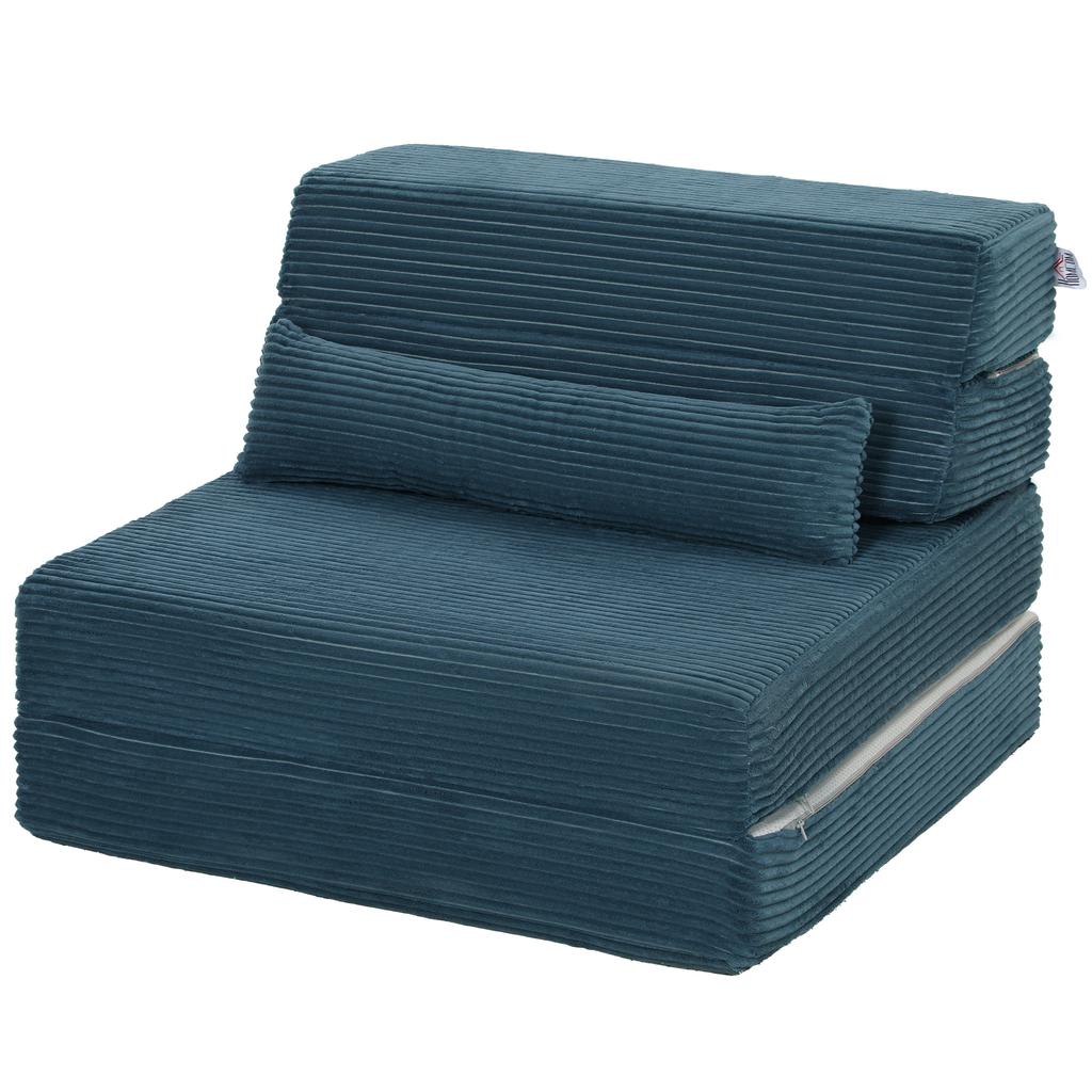 Folding Sofa Bed, 3-in-1, Convertible 1-Seater Chaise Lounge, Corduroy, Side Pockets, Pillow, Blue