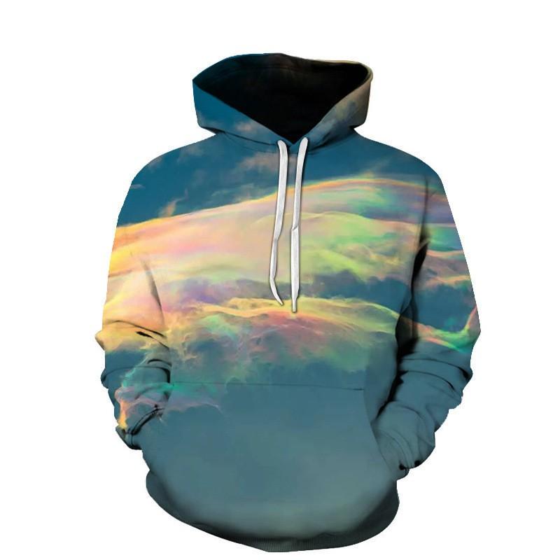 Mens Long Sleeve Hooded Sweatshirt With 3D Cloud Print Loose Fit Casual Pullover Fall