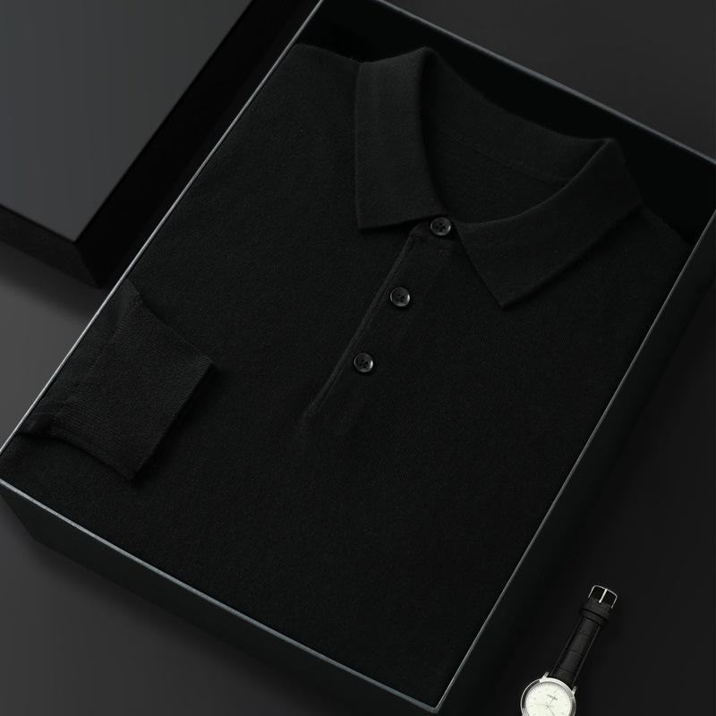 Men's Spring and Autumn Casual Polo Collar Long-sleeved Knit Shirt Solid Color Loose Business Pullover Tops