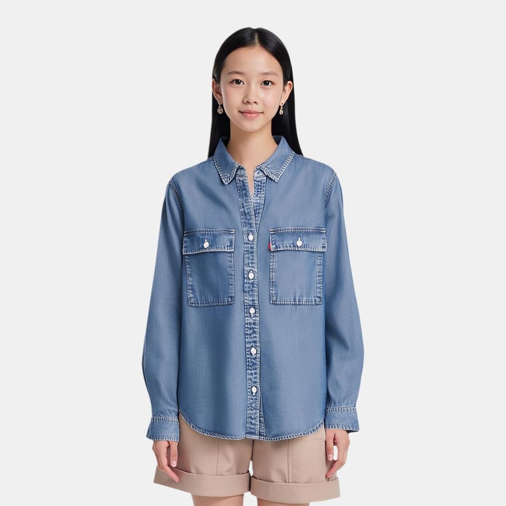 Levis SS24 Summer Collection Denim Solid Color Loose Long Sleeve Shirt Women Shirts Dark-Blue 001BO-0000