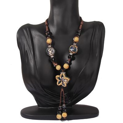 Vintage Sweater Necklace Women's Long Ceramic Versatile Fashion Necklace Handmade Flower Tassel Necklace