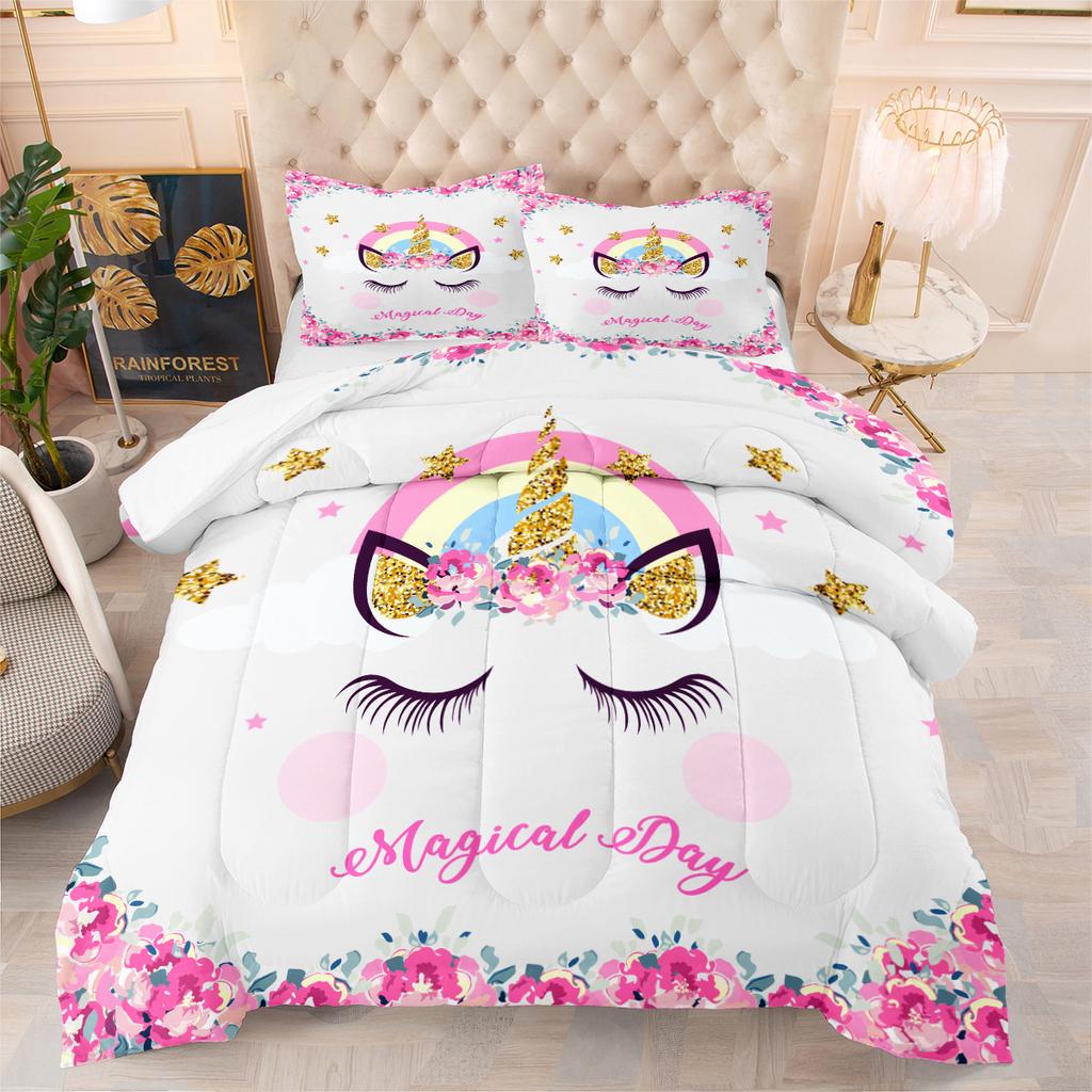Cartoon Unicorn Three-piece Set Digital Print Fluffy Duvet Cover