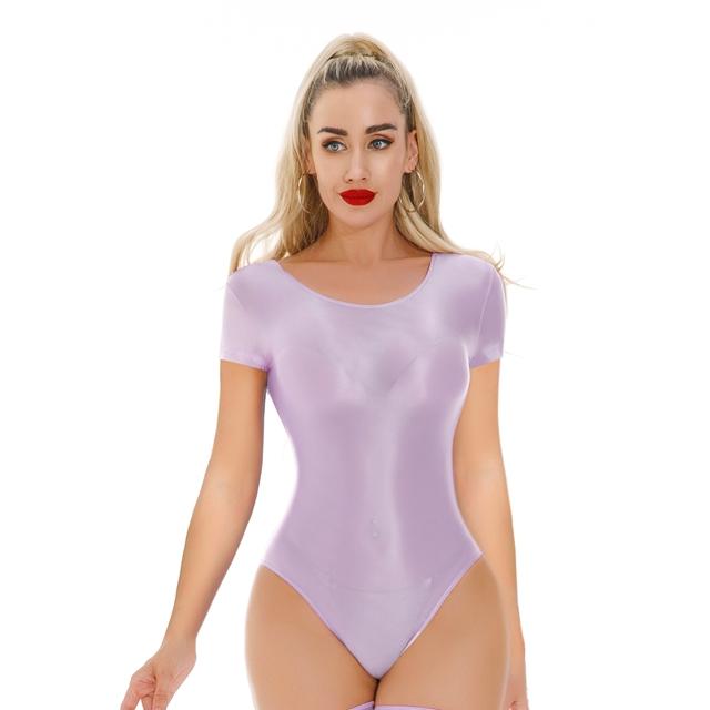 Sexy Women High Cut Bodysuit Sheer See Through Oil Glossy Shiny Elastic Tights Thong Yoga Leotard Maid Dance Wear