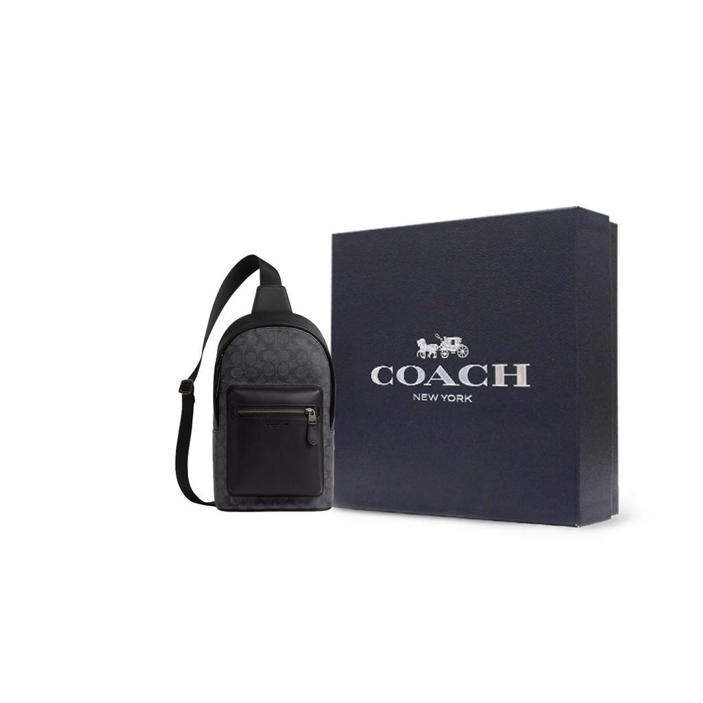 Coach West Pack 20 Metal Logo Zipper Closure Coated Canvas Crossbody Chest Bag Small Men Bags Charcoal Black CV924-QBMI5