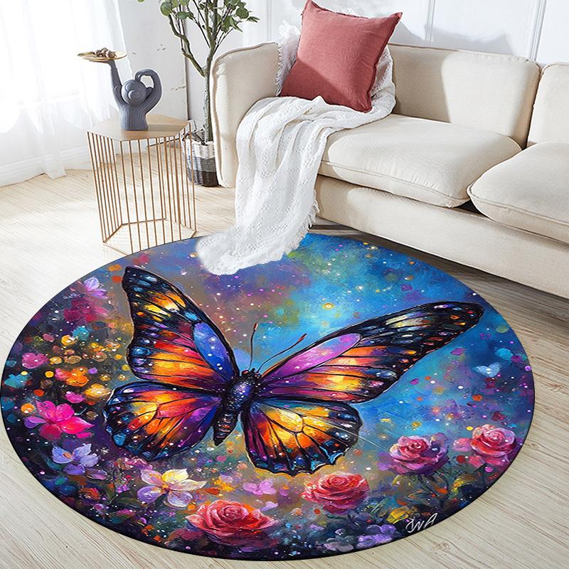 Butterfly Garden Round Area Rug,Carpet Rug for Living Room Bedroom Sofa Playroom Decor,Non-slip Floor Mat