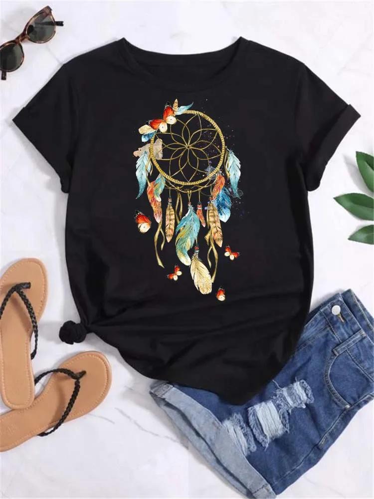 Fashion Feather Dreamcatcher T Shirt Women Harajuku Graphic Tees Shirt Femme Dream Catcher Women's T-shirt Clothes Tops Unisex