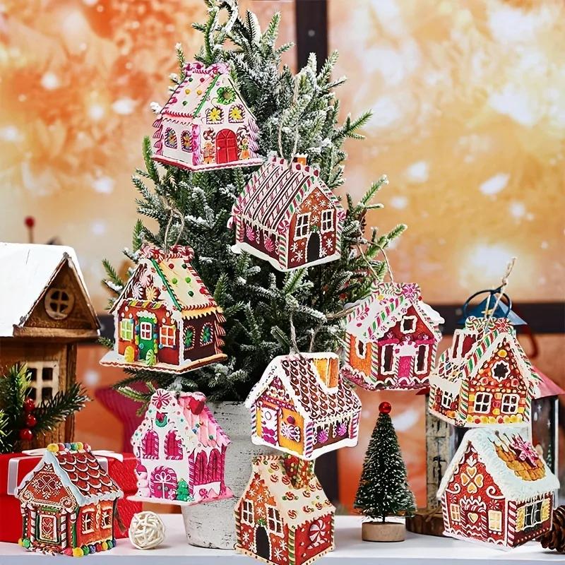 Christmas Tree Hanging Ornaments Wooden House Decor Xmas Painted Wood Pendants for Holiday Home Decoration