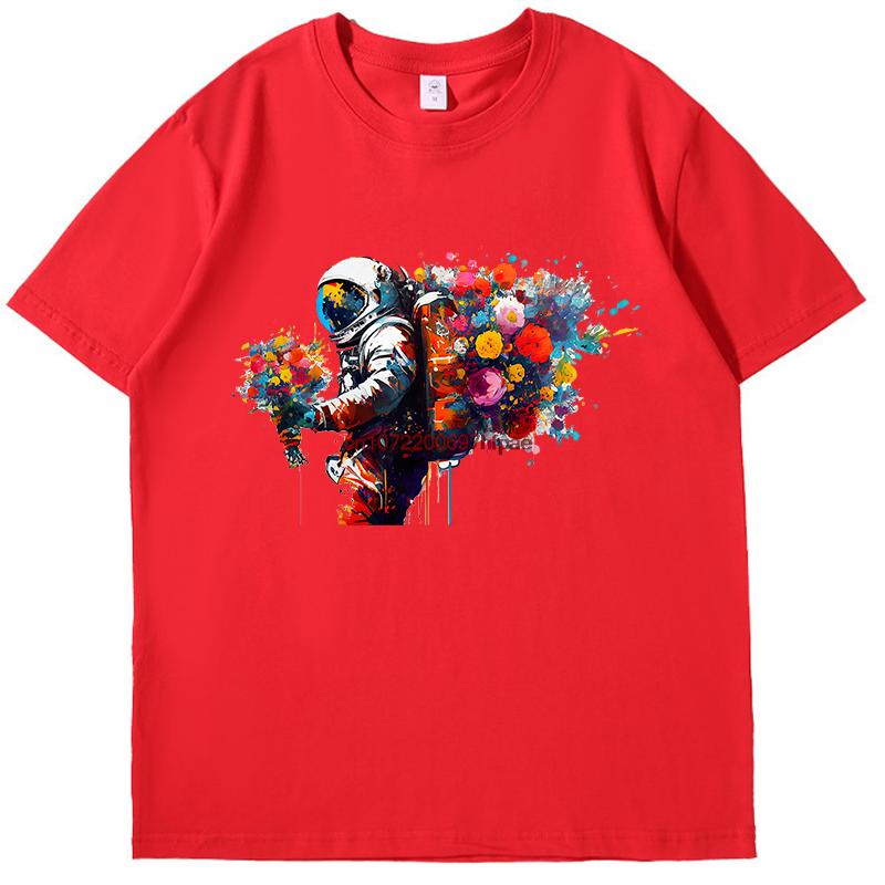 Astronaut Bouquet Flowers Burst Oil Painting Fashion Print T Shirt Summer Cotton Short Sleeve Tshirts Unisex Oneck T Shirt