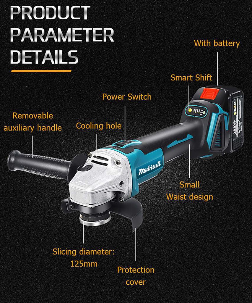 21V Brushless Angle Grinder Brushless Polishing Machine Handheld Rechargeable Electric Power Tools for Makita Battery pin