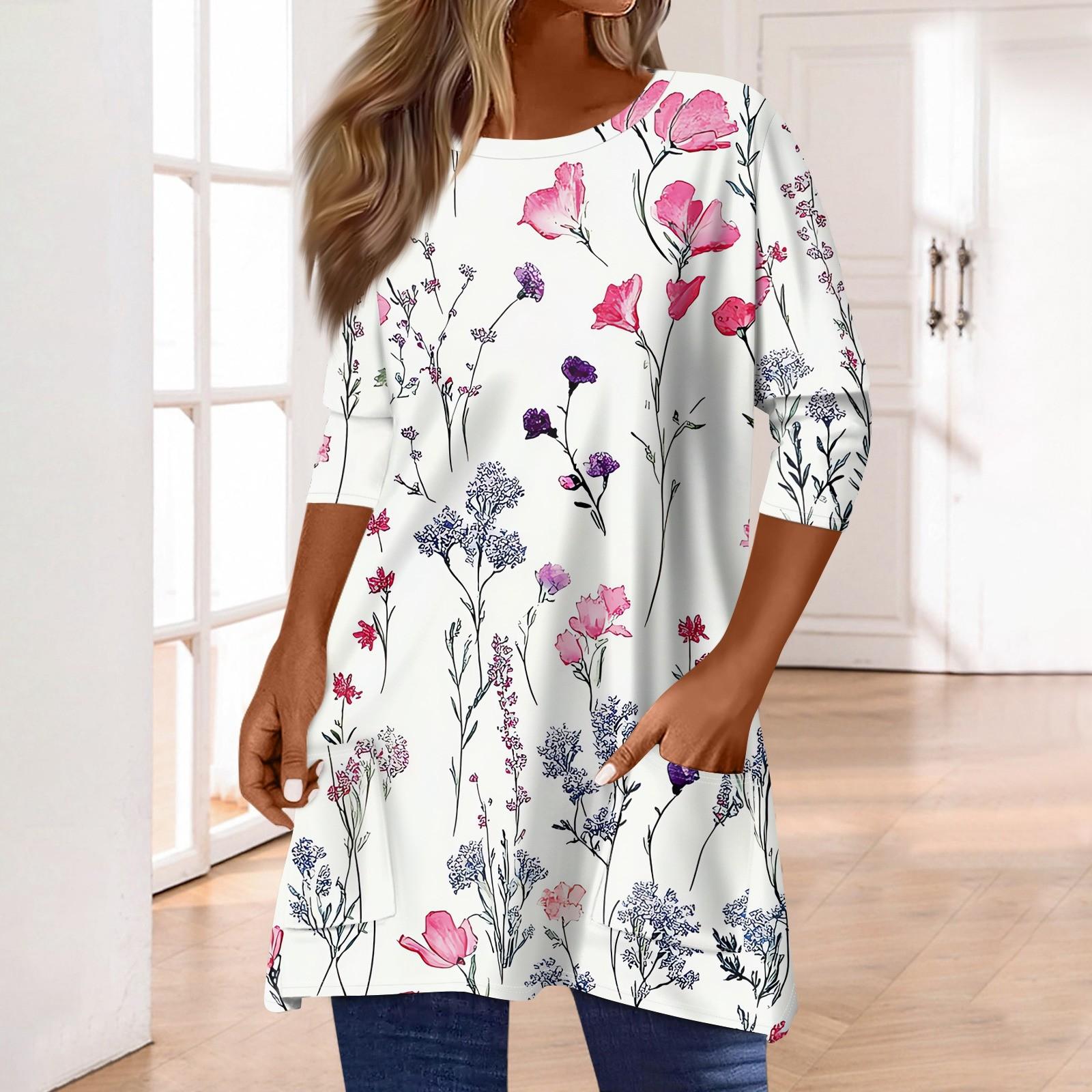 

3/4 рукава кармана топы для женщин футболка повседневный принт средней длины топы футболка круглый вырез пуловер блузка XL белый