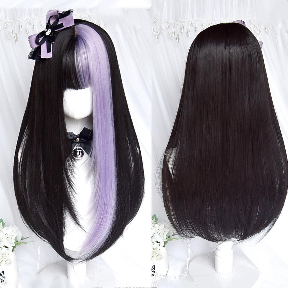 Syntetyczny czerwony Ombre czarny kolor Lolita długie proste peruki z grzywką codzienna peruka do cosplay na imprezę dla kobiet