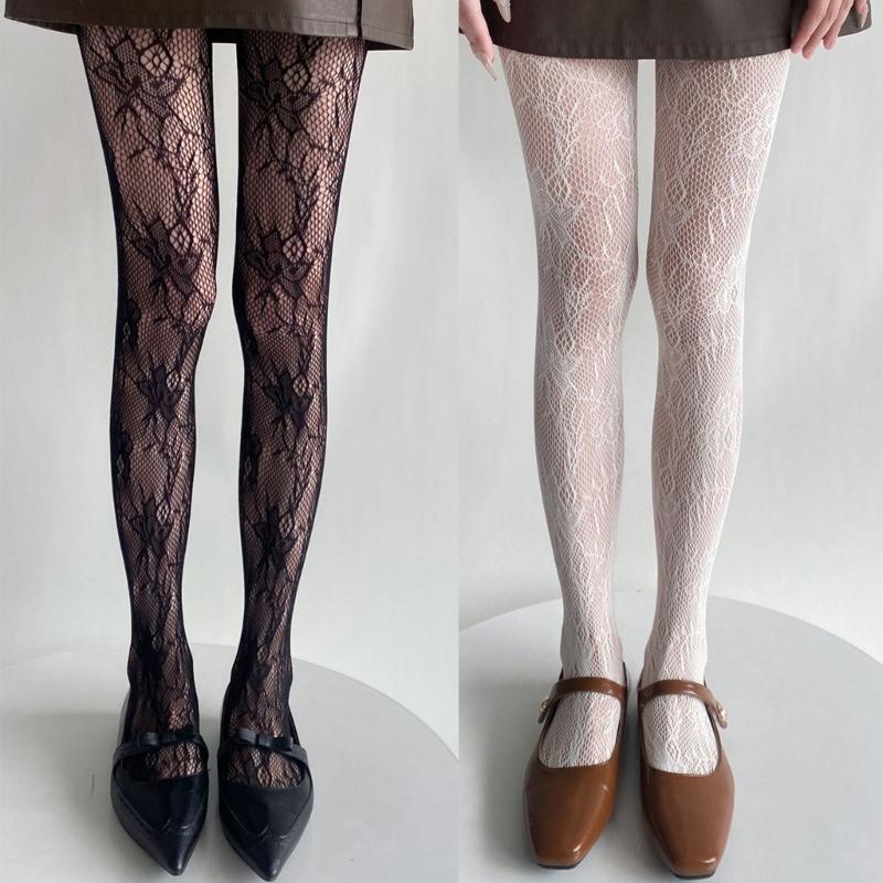 Womens Japanese JK Vintage Flower Jacquard Fishnet Tights Stockings Sexy Hollowed Out Lace Sheer Pantyhose Leggings