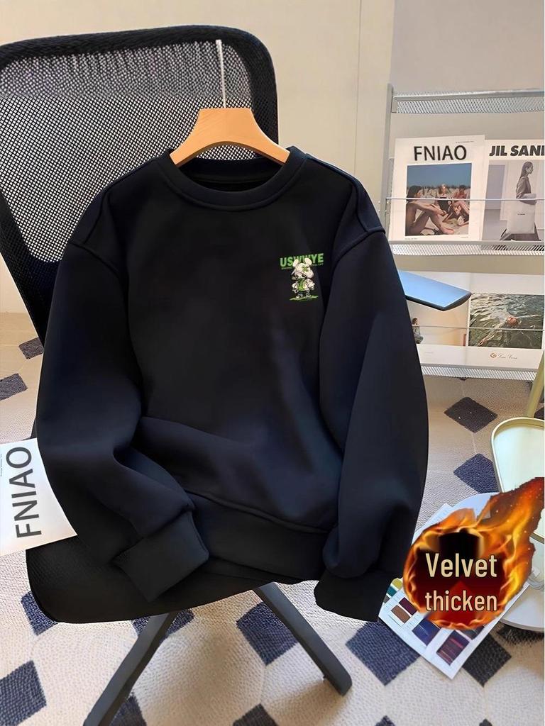 Men's Fleece-Lined Long Sleeve Round Neck Hoodie - Autumn 2025 American Style Heavyweight Pullover