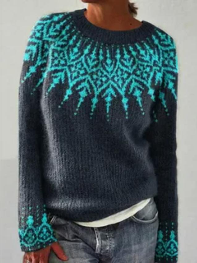 Women's Color Block Round Neck Loose Knit Pullover Sweater