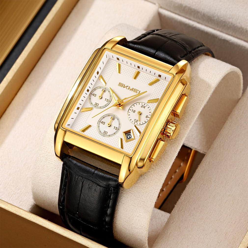 SKMEI Square Watch Black Leather Strap Stylish Arm Watch Chronograph Waterproof Brand Analog Business Casual Watch Luxury Gift Gold White Watch for