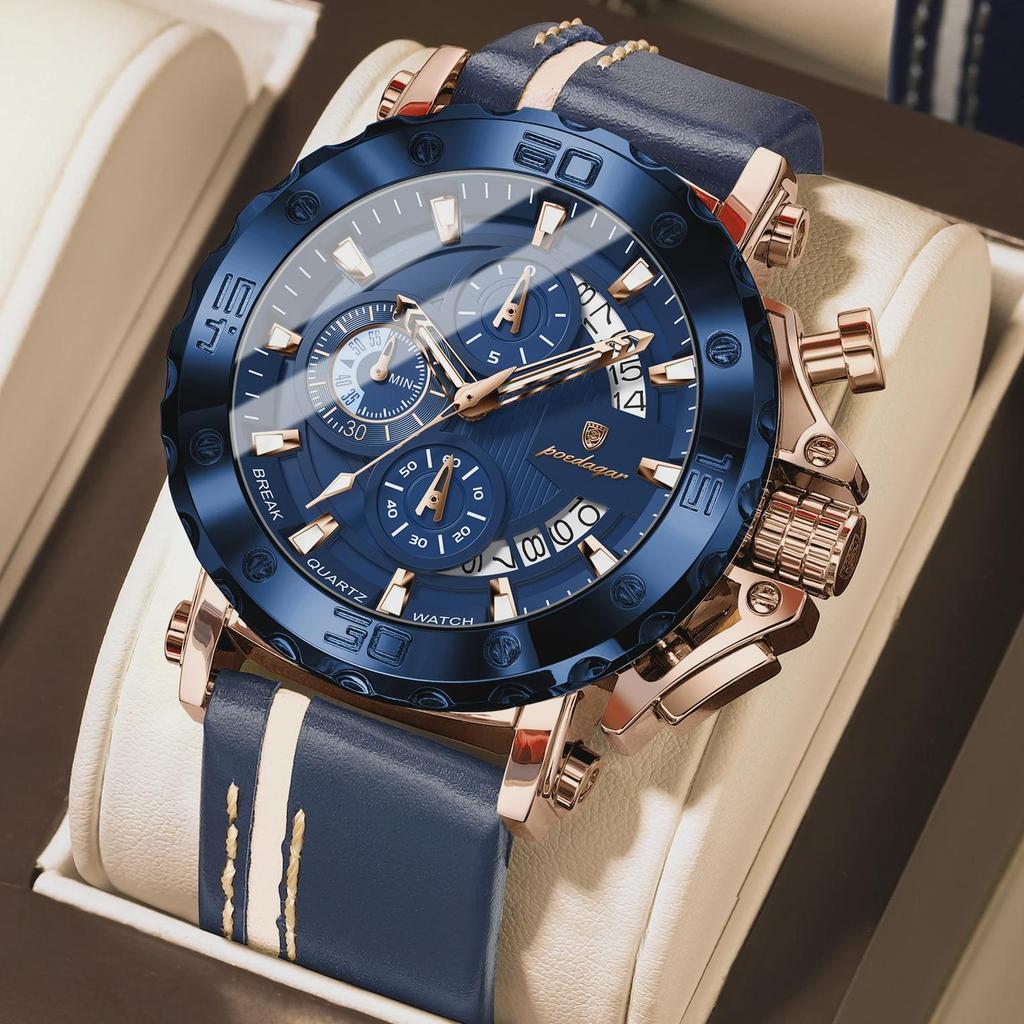 POEDAGAR Top Military Man Wristwatch Waterproof Luminous Date Fashion Chronograph Leather Sports Men's Quartz Watches